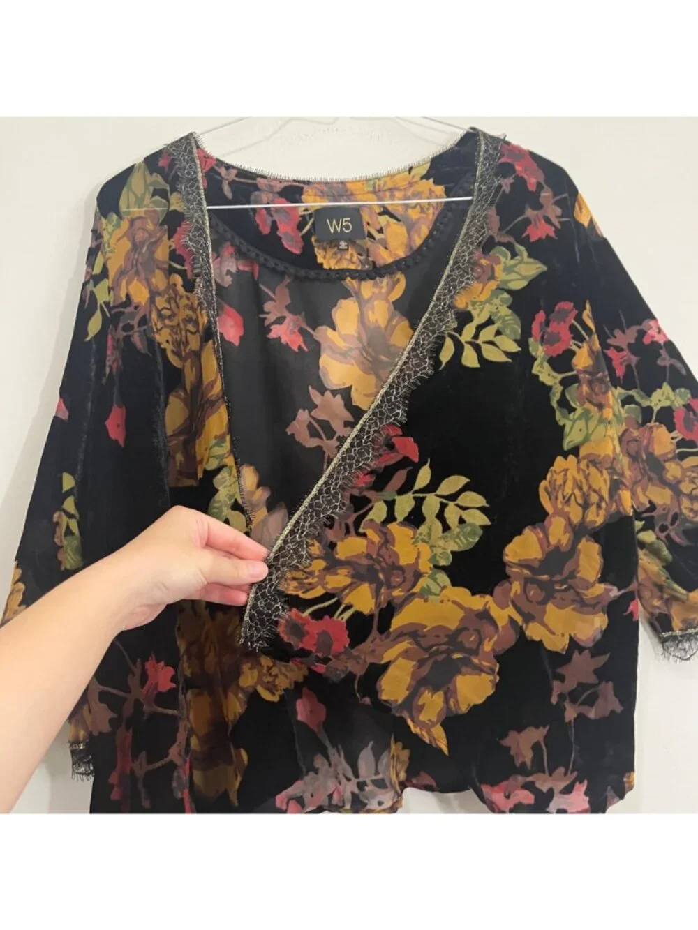 W5 Floral Burnout Velvet Kimono Cardigan XL Lace Sheer Boho Whimsical Dark Fairy